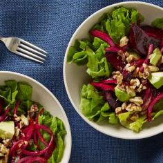 
                    
                        Beet And Escarole Salad With Avocado And Walnuts. Rinsing the onions in cold water tames some of their bite.
                    
                