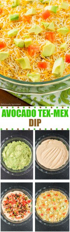 
                    
                        Avocado Tex-Mex Dip- an easy to make game day dip, that is ALWAYS a huge hit!
                    
                