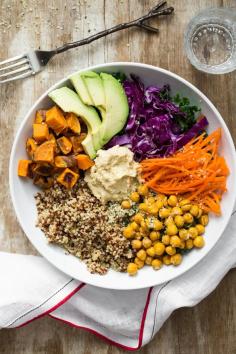 
                    
                        The Big Vegan Bowl! Start your New Year off right with this amazing combo of roasted chickpeas, roasted sweet potatoes, rainbow quinoa, purple cabbage, carrots, hemp seeds, hummus, and avocado.
                    
                