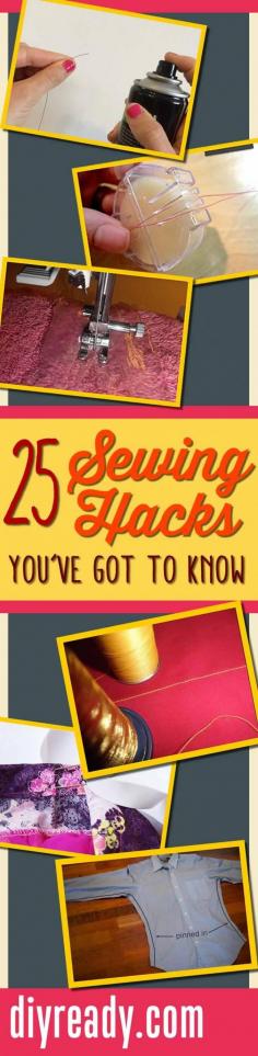 
                    
                        25 Best Sewing Hacks and DIY Sewing Tips: After sewing for years I’ve naturally acquired a handful of tips and tricks. I’ve gathered together 25 of my favorites just for you. Check out the best sewing hacks out there, and you’ll be master of the machine in no time. Sewing Tips, Free Sewing Tutorials and Patterns and DIY Sewing Projects diyready.com/... #diy #sewing  #tutorials #infographics
                    
                
