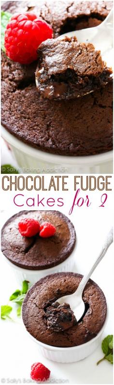 
                    
                        Chocolate Fudge Cakes for 2-- a simple recipe for molten lava-type cakes!! Makes just two. Easy to double or triple the recipe if needed.
                    
                