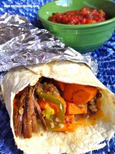 BBQ Pork, Quinoa, Sweet Potato Burritos - Eazy Peazy Mealz. I would switch the tortillas to whole wheat or low carb wraps...