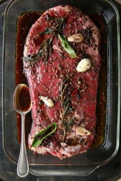 
                    
                        Marinated Flank #Steak recipe via Saveur with red wine, Worcestershire, garlic, spices, fresh rosemary
                    
                