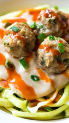 
                    
                        Buffalo Chicken Meatballs with Zucchini Noodles and Skinny Buffalo Cauliflower Alfredo  ~ These Buffalo Chicken Meatballs have a ranch twist and are paired with cauliflower Alfredo sauce and zucchini noodles for a quick, easy and healthy dinner!
                    
                