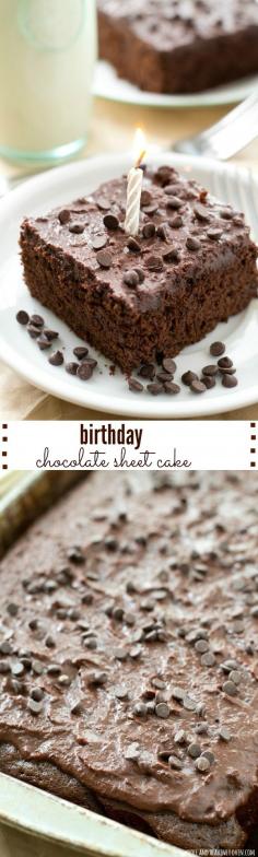 
                    
                        This super-moist classic chocolate sheet cake is always a hit at birthday parties! Simple to make and even more fun to eat, it's definitely a winner. @Sarah | Whole and Heavenly Oven
                    
                