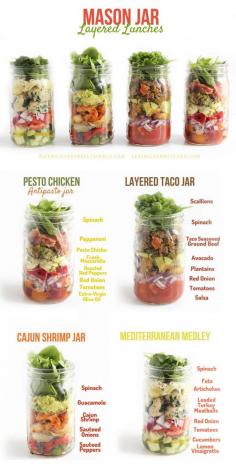 
                    
                        Mason Jar Layered Lunches ~ Cajun Shrimp Jar, Layered Taco Jar, Pesto Chicken Antipasto Jar, Mediterranean Medley
                    
                