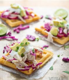 
                    
                        Chipotle-Cornmeal Waffle Tostadas with Chicken and Lime Crema | sweetpeasandsaffr...
                    
                