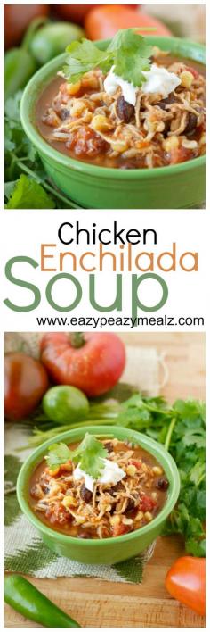 
                    
                        Chicken Enchilada Soup: 5 minutes prep work, and let the slow cooker do the rest of the work. This soup has all the flavor of enchiladas and is comfort food at its finest! - Eazy Peazy Mealz
                    
                