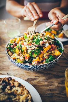 Butternut Squash Kale Salad with Quinoa, Brussels Sprouts, Chickpeas, Hazelnuts, Chili, Pomegranate, Feta Cheese and Tahini