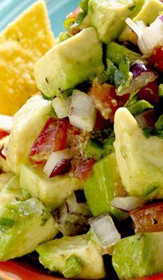 
                    
                        Chunky Avocado Salsa- ingredients  4 ripe avocados, 2 large tomatoes, 1 small red onion, 2 limes, 1 jalapeno (optional), 1/4 cup cilantro leaves (optional), 1/4 cup olive oil, salt to taste, pepper to taste
                    
                