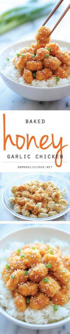 
                    
                        Baked Honey Garlic Chicken – A take-out favorite that you can make right at home. It’s healthier, cheaper and so much tastier!
                    
                