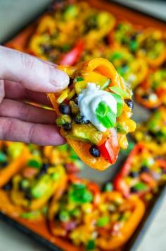 Mini Pepper Nachos with Corn, Black Beans and Avocado. Made a variation on these. No beans and added tomatoes. I like the crunch of the peppers, but think I prefer them with healthy chips and/or topped with ground turkey.