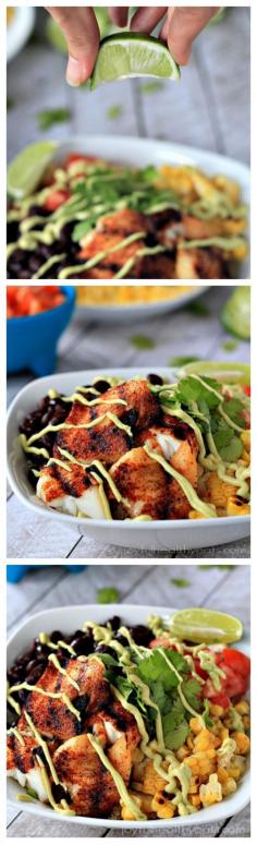 Grilled Tilapia Bowls with Chipotle Avocado Crema // ready in 30 minutes #healthy #lowcarb #protein We don't eat tilapia, but I would make this with another white tush!