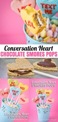 
                    
                        Conversation Heart Chocolate Smores Pops for Valentine's Day. So cute and you can personalize them!
                    
                