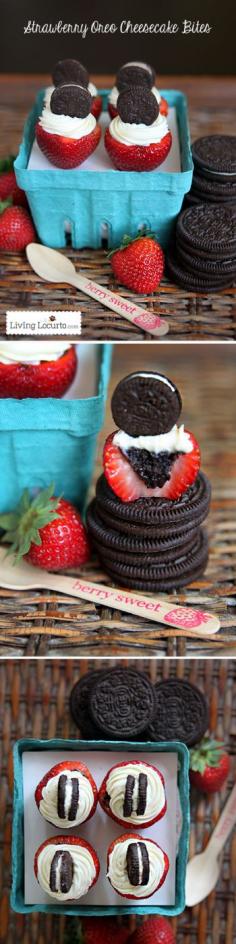 
                    
                        Oreo Cheesecake Stuffed Strawberries. Easy no bake chocolate strawberry desserts. A perfect bite sized recipe for any party! LivingLocurto.com
                    
                