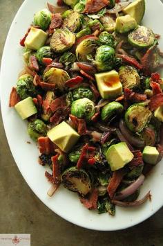 Ingredients:    4 strips turkey bacon, ½ red onion, thinly sliced  2 teaspoons olive oil  1 pound Brussels Sprouts, trimmed and halved  ½ cup chicken stock  1 medium avocado, cut into chunks  2 tablespoons olive oil  2 tablespoons balsamic vinegar  kosher salt and black pepper to taste. Great for phase 3 of the fast metabolism diet!