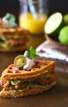 food i will probably Never make but sounds delicious! spiced mini waffle breakfast sandwiches with chicken chorizo & guacamole www.climbinggriermountain.com