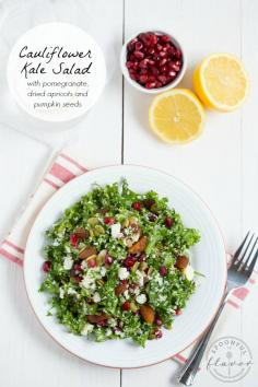 
                    
                        Cauliflower Kale Salad with Pomegranate, Dried Apricots and Pumpkin Seeds is healthy and delicious! It is perfect for lunch and is a great way to detox.
                    
                