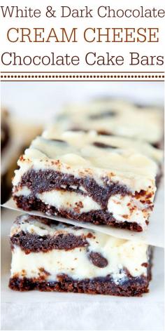 
                    
                        White and Dark Chocolate Cream Cheese Chocolate Cake Bars - Chocolate cake with chocolate chips, white chocolate chips and filled with cream cheese! Fast, easy, and foolproof!
                    
                