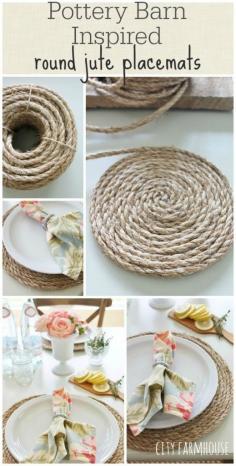 Pottery Barn Inspired Round Jute Placemats- City Farmhouse (DIY placemats using 3/8" jute and a hot glue gun)