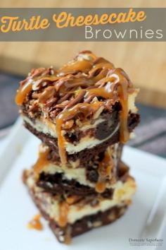 
                    
                        Turtle Cheesecake Brownies - layers of brownies, cheesecake, and nuts- topped with drizzled caramel and chocolate. So delicious!
                    
                