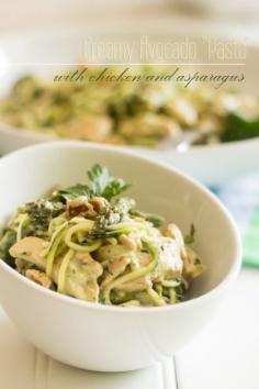 
                    
                        Creamy Avocado "Pasta" with Chicken and Asparagus made from zucchini noodles
                    
                