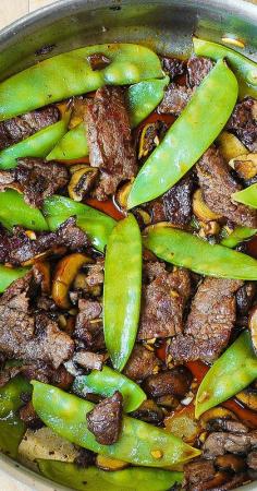 
                    
                        Asian Beef with Mushrooms & Snow Peas ~ delish and easy-to-make... Tender mushrooms, crisp snow peas, and thinly sliced sirloin steak strips sautéed in garlic.
                    
                