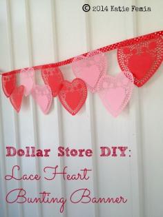
                    
                        Valentine's Day Lace Heart Bunting Banner made with items from the Dollar Store.
                    
                