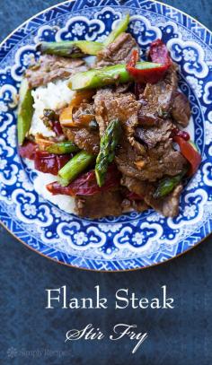 
                    
                        Flank Steak Stir-Fry with Asparagus and Red Pepper ~ Quick and easy stir-fry recipe with flank steak, asparagus, and red bell peppers. ~ SimplyRecipes.com
                    
                