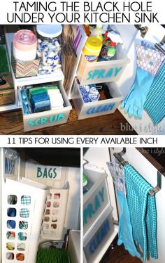 
                    
                        11 tips for organizing under the kitchen sink! Tame the black hole and use every available inch with drawers, baskets, hooks and towel bars.
                    
                
