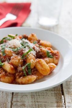 
                    
                        Gnocchi with Meat Sauce – This easy stove-top dinner brings together potato gnocchi with a hearty meat sauce for an easy dinner recipe that the whole family will love.
                    
                