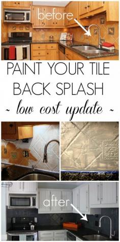 MUST PIN!  You can PAINT your tile backsplash! Talk about a thrifty update. Full tutorial by Designer Trapped in a Lawyer's Body.  Quick update for temporary fix until fancy schmancy can be afforded.
