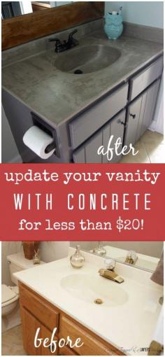
                    
                        SERIOUSLY AMAZING!  DIY vanity update using a concrete overly for under twenty bucks!  #diyvanity #concretecountertop  Full tutorial by Designer Trapped in a Lawyer's Body.
                    
                
