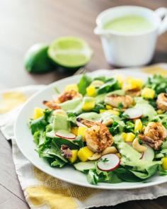 Tropical Mango Salad with Creamy Cilantro Lime Dressing   Grilled Shrimp | A Couple Cooks #maincourse #recipes #healthy #dinner #recipe