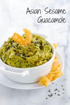 Asian Sesame Guacamole - A fun Asian-inspired twist on classic guacamole. Serve with crunchy wonton strips for a unique party dip! | foxeslo...