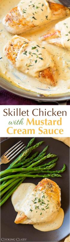 
                    
                        Skillet Chicken with Mustard Cream Sauce - this chicken is AMAZING! It was so easy to make too. Even my three year old loved it!
                    
                