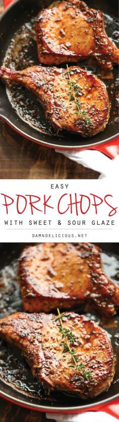
                    
                        Easy Pork Chops with Sweet and Sour Glaze ~ The easiest, no-fuss, most amazing pork chops ever, made in 20 min from start to finish. You can't beat that!
                    
                