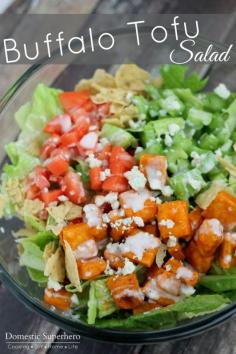 
                    
                        Buffalo Tofu Salad - Crispy tofu covered in buffalo sauce and topped with creamy bleu cheese crumbles and dressing. Love this!
                    
                