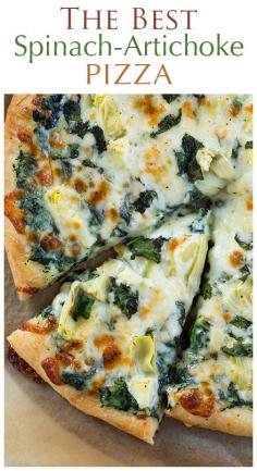 
                    
                        Spinach Artichoke Pizza - this is my FAVORITE pizza to make at home! You wouldn't believe how good it is!!
                    
                