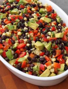 Black Bean Salad with Corn, Red Peppers, Avocado & Lime-Cilantro Vinaigrette - black beans, corn, red bell peppers, garlic, shallots, cayenne pepper, sugar, olive oil, lime zest, lime juice, cilantro, avocados.