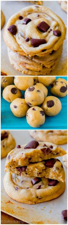 An easy, no-mixer required recipe for super chewy, soft, and perfect chocolate chip cookies!  Perfect cookies. Can't stop eating them.