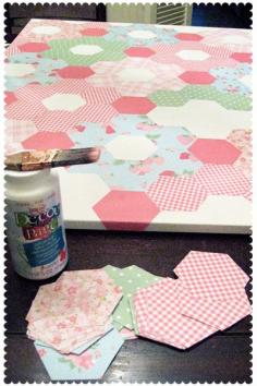 DIY paper quilt on canvas. Cute in a girls bathroom or in a craft room