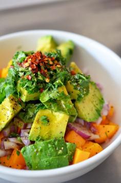 
                    
                        The more colors on your plate the better! Avocado and Mango Salsa over Salmon
                    
                