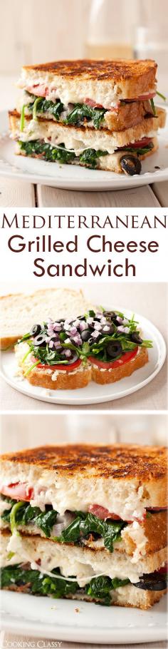 
                    
                        Mediterranean Grilled Cheese - feta, mozzarella, tomatoes, spinach, basil, garlic, red onion and olives! Seriously delicious!
                    
                