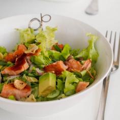 
                    
                        #Salad with pesto marinated #salmon and #avocados.
                    
                