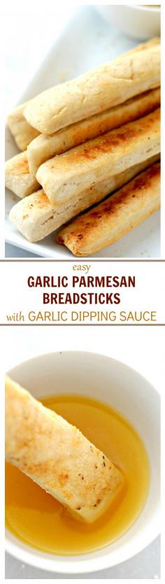 
                    
                        Easy Garlic Parmesan Breadsticks with Garlic Dipping Sauce | www.diethood.com | Sprinkled with Parmesan Cheese and dipped in a delicious Garlic Dipping sauce, these homemade breadsticks are not only easy to make, but they come together in just 30 minutes from start to finish!
                    
                