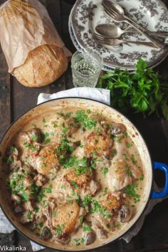 
                    
                        Succulent chicken with cremini mushrooms cooked in white wine  and a splash of cream.
                    
                