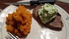 
                    
                        Steak topped with avocado-cream cheese and a side of squash (Cell photo by Trisha)
                    
                