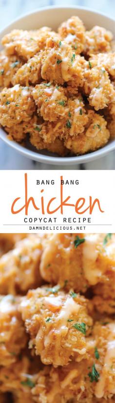 
                    
                        Bang Bang Chicken - Amazingly crisp chicken bites drizzled with sweet chili mayo - so good, you'll want to double or triple the recipe!
                    
                