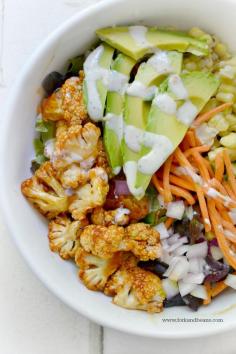 BBQ Cauliflower Salad. Bake the cauliflower with some BBQ sauce. Add a bottom layer of lettuce, arrange the BBQd cauliflower, avocado slices, shredded carrots... drizzle with ranch dressing to which youve stirred in a bit of the BBQ sauce. This looks pretty in a bowl. I really enjoy serving beautifully presented food. *Vegan